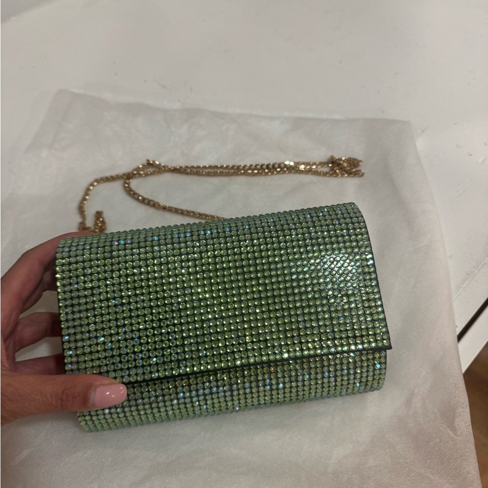 Olga Berg Green Crystal Rhinestone Clutch with Gold Chain